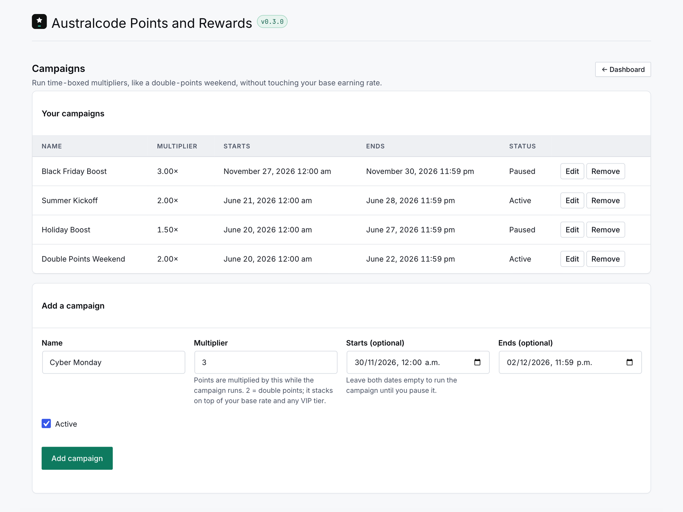 The campaigns screen in wp-admin: a list of time-boxed point multipliers such as a double-points weekend, with start and end dates and an active or paused status, plus an inline create form