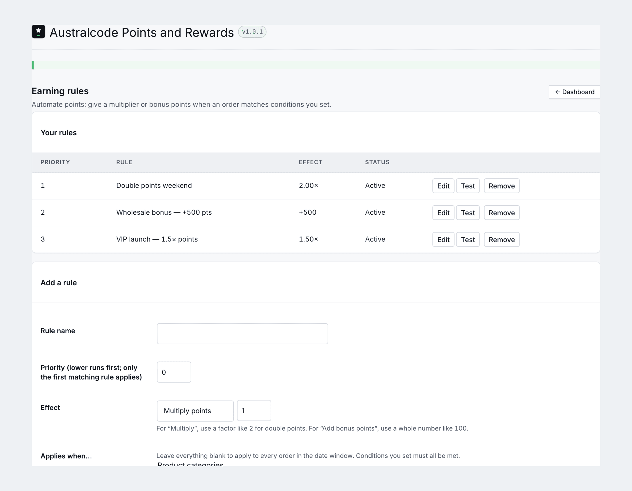The earning rules screen in wp-admin: a list of conditional rules — a double-points weekend, a wholesale bonus and a VIP launch multiplier — each with its priority, effect and active status and a one-click Test, plus an inline add-a-rule form with category, role, cart-total and date conditions