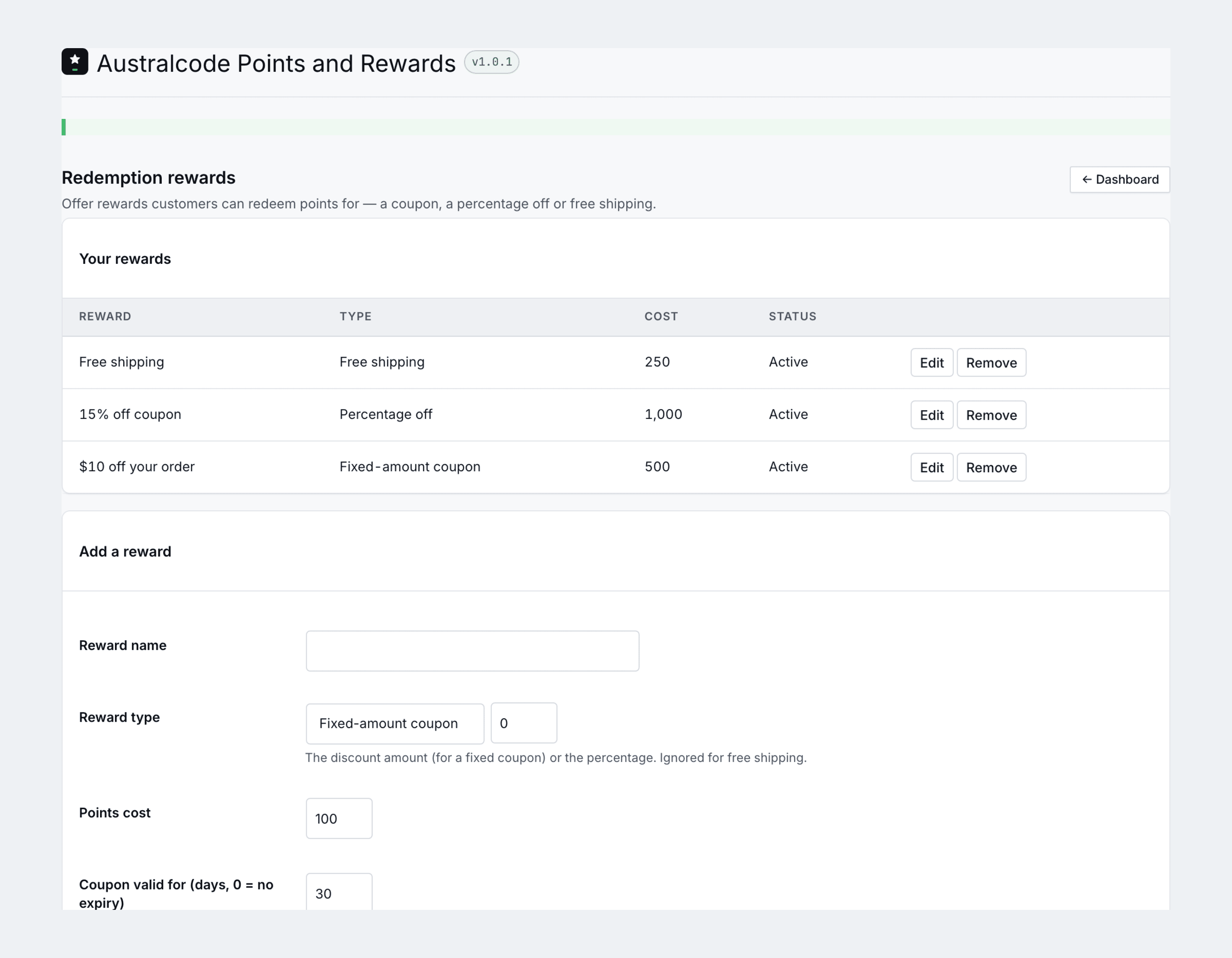 The redemption rewards screen in wp-admin: a list of point-redeemable rewards — free shipping, a percentage-off coupon and a fixed-amount coupon — each with its points cost and active status, plus an inline add-a-reward form